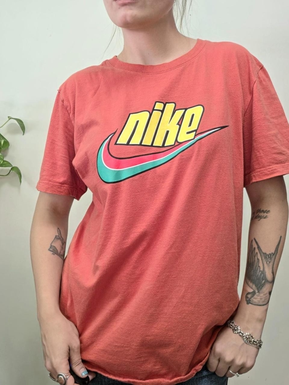 1990s Vintage Nike OrangebGraphic Tee with Yellow Logo Size S